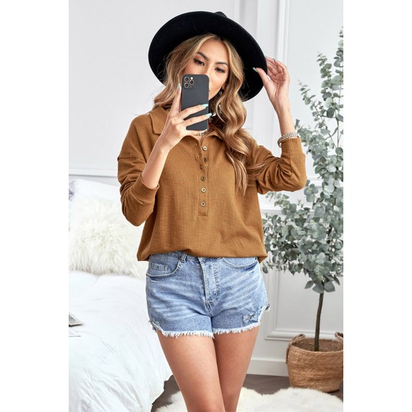 Brown Button Front Turn-down Neck Knit Top
