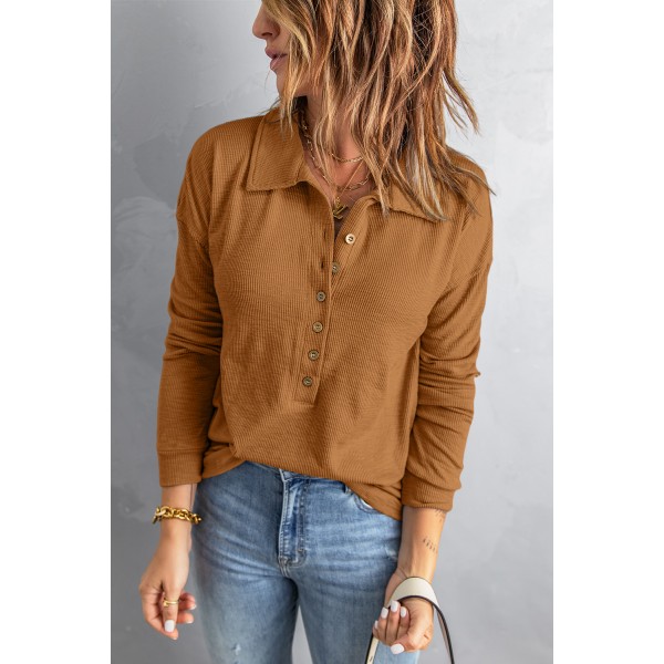 Brown Button Front Turn-down Neck Knit Top