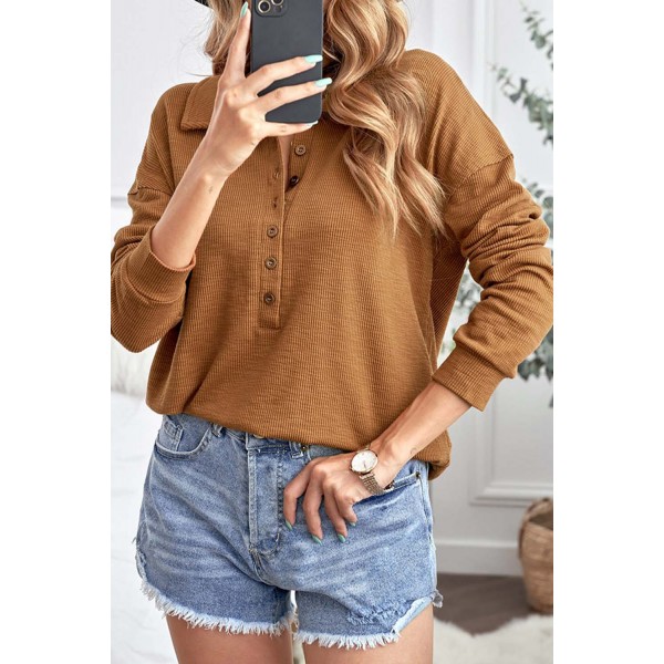 Brown Button Front Turn-down Neck Knit Top