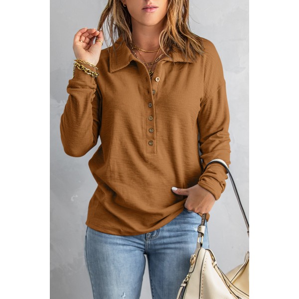 Brown Button Front Turn-down Neck Knit Top
