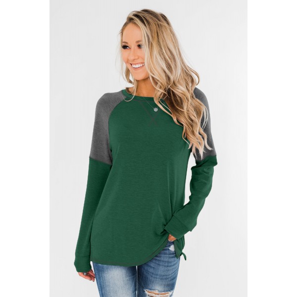 Green Color Block Raglan Sleeve Top