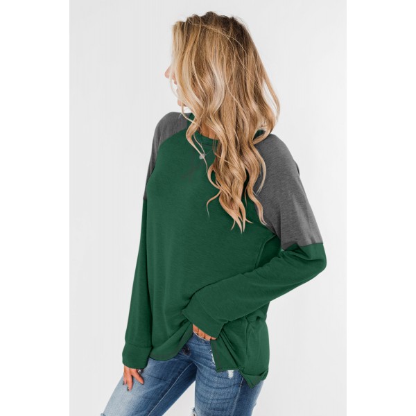 Green Color Block Raglan Sleeve Top