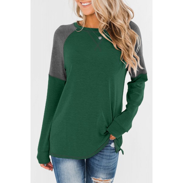 Green Color Block Raglan Sleeve Top
