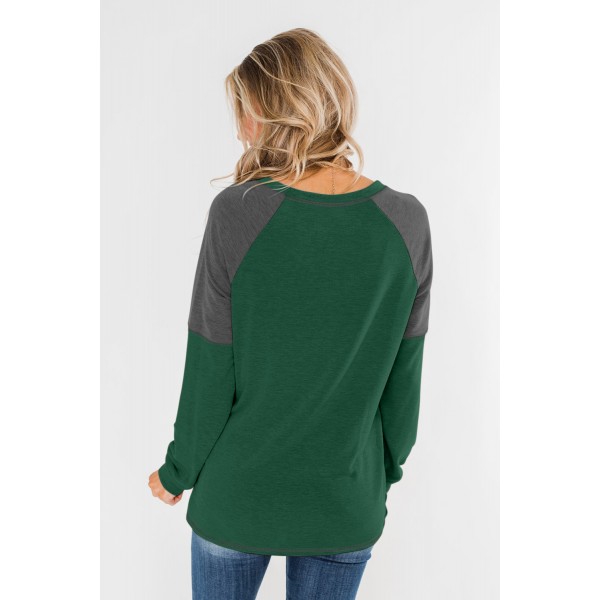 Green Color Block Raglan Sleeve Top