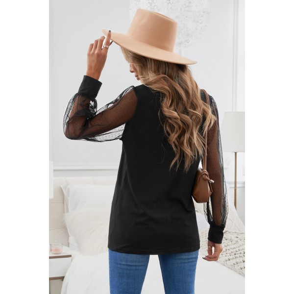 Black Round Neck Dotted Lantern Sleeve Top