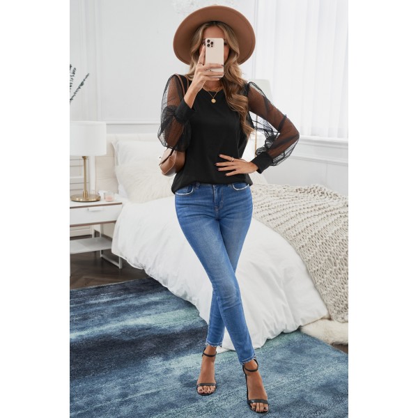 Black Round Neck Dotted Lantern Sleeve Top