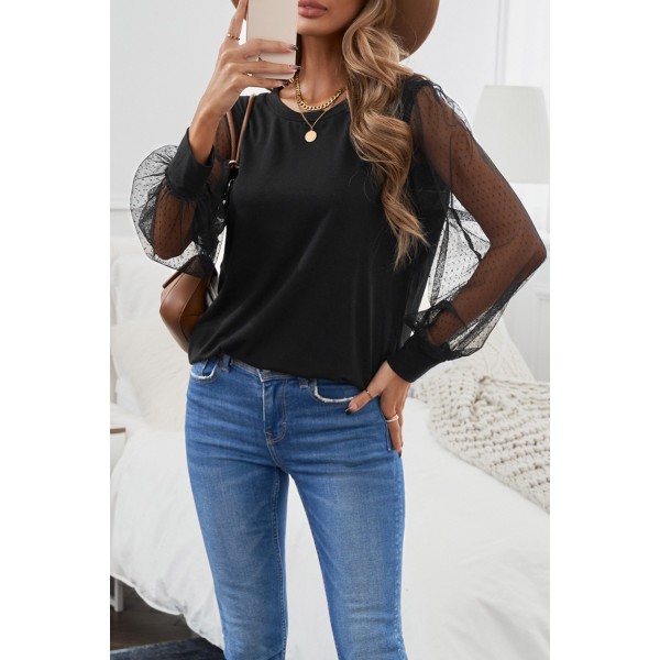 Black Round Neck Dotted Lantern Sleeve Top