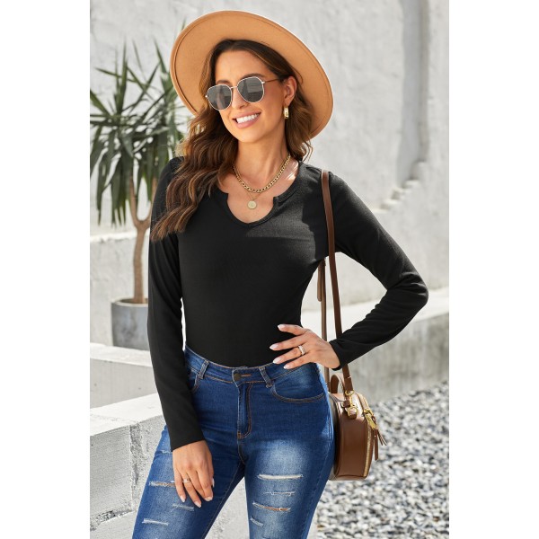 Black Split Round Neck Ribbed Knit Top