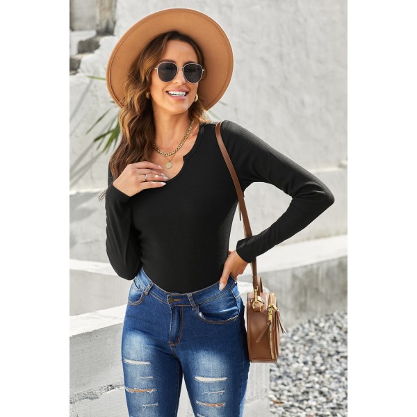 Black Split Round Neck Ribbed Knit Top