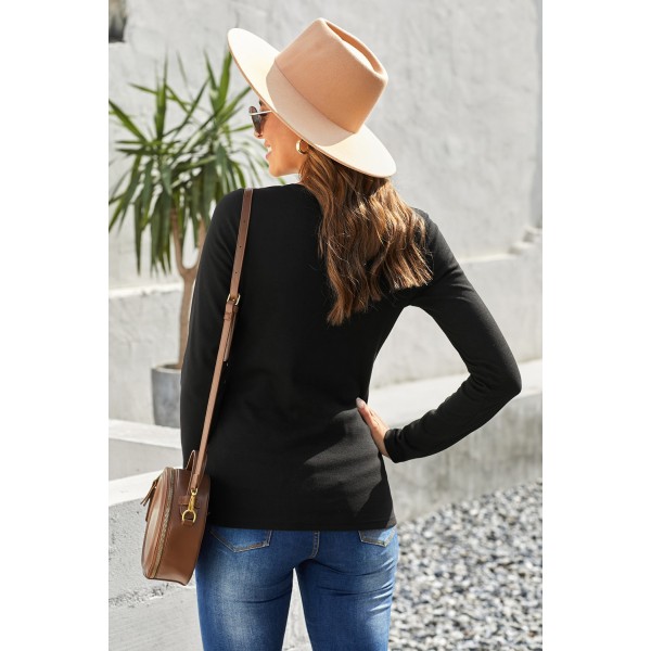 Black Split Round Neck Ribbed Knit Top