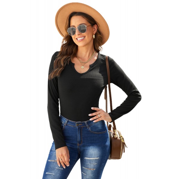 Black Split Round Neck Ribbed Knit Top