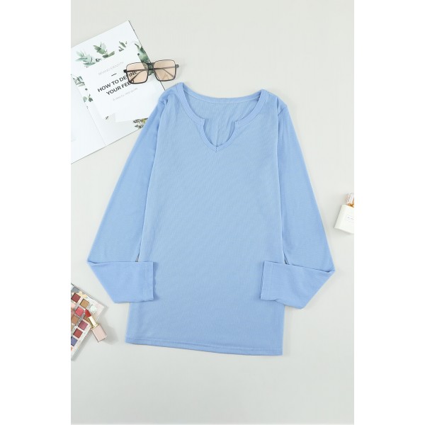 Sky Blue Split Round Neck Ribbed Knit Top
