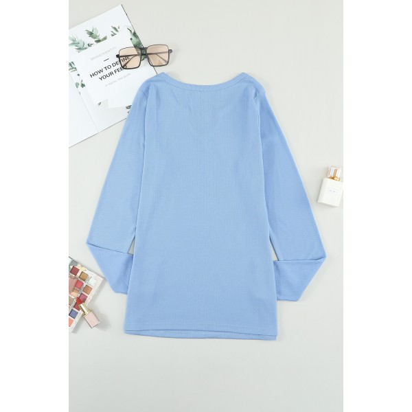 Sky Blue Split Round Neck Ribbed Knit Top