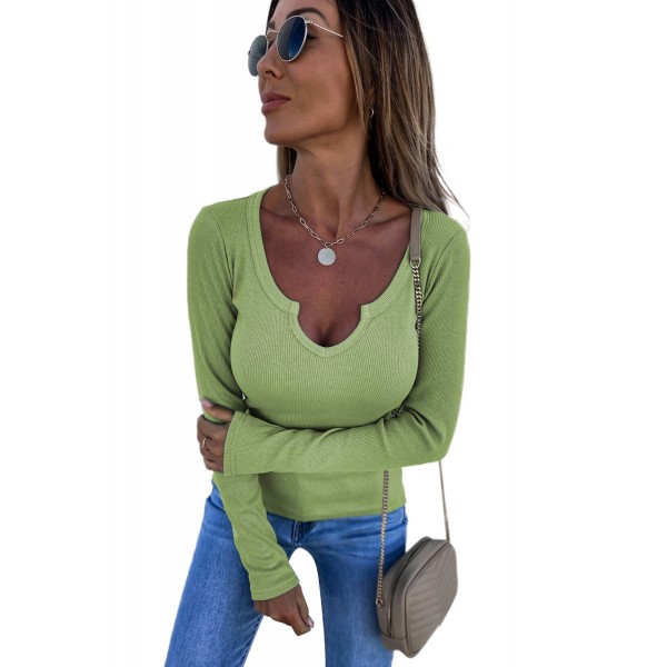 Green Split Round Neck Ribbed Knit Top