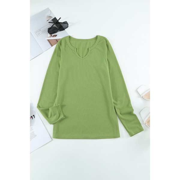 Green Split Round Neck Ribbed Knit Top