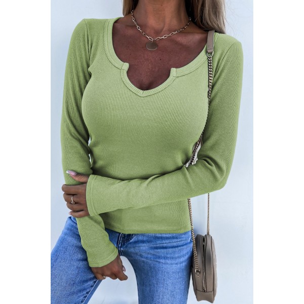 Green Split Round Neck Ribbed Knit Top