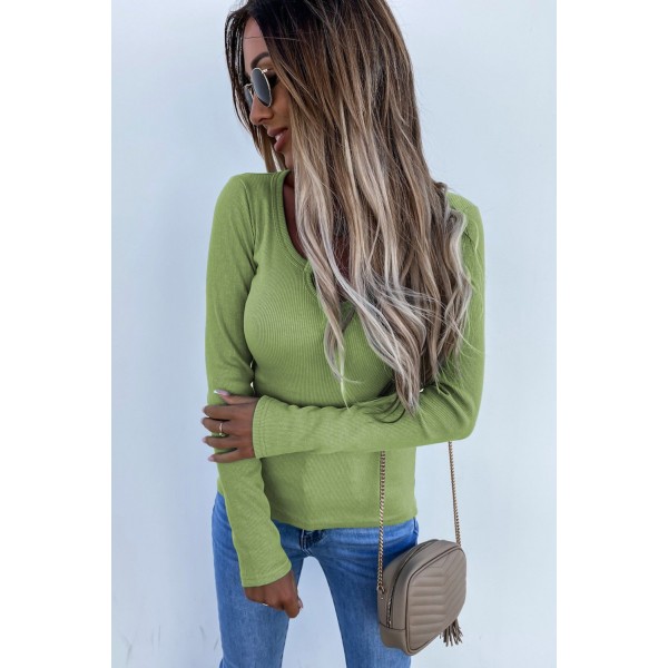 Green Split Round Neck Ribbed Knit Top