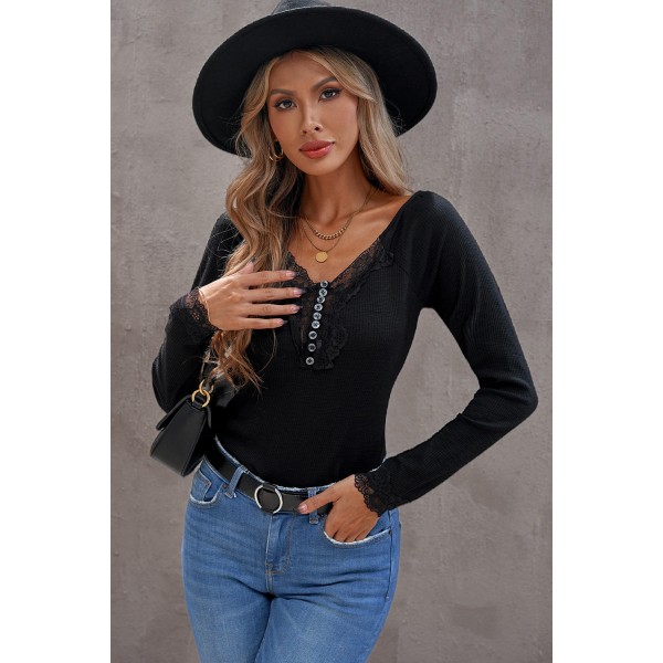 Black Lace Patchwork Ribbed Long Sleeve Top