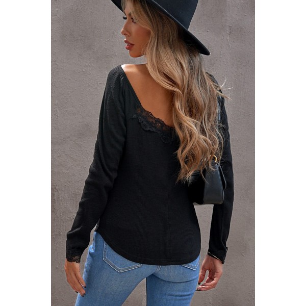 Black Lace Patchwork Ribbed Long Sleeve Top