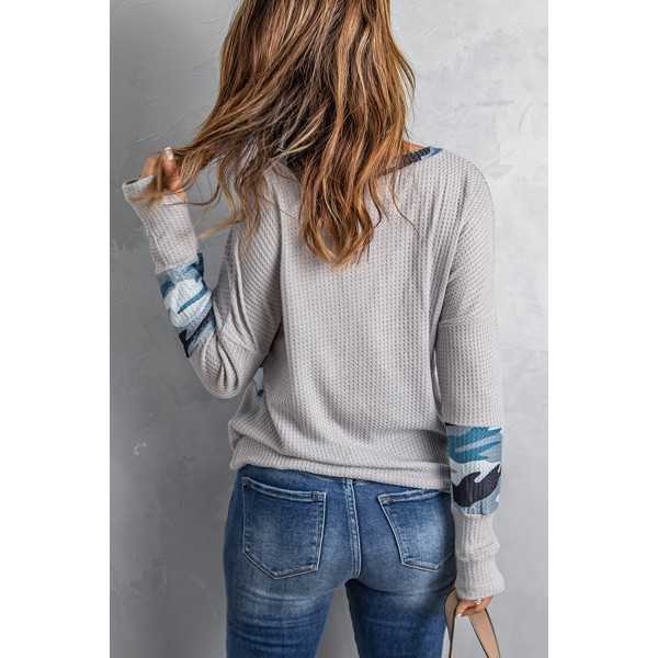 Gray Camo Print Splicing Waffle Knit Long Sleeve Top with Thumb Hole