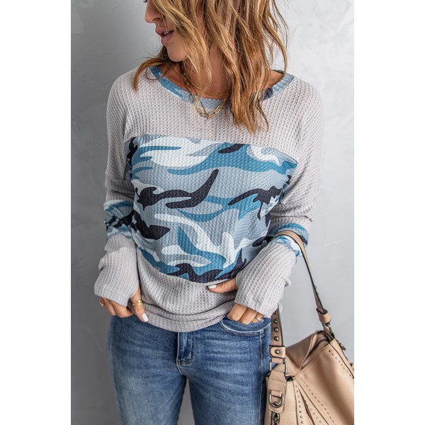 Gray Camo Print Splicing Waffle Knit Long Sleeve Top with Thumb Hole