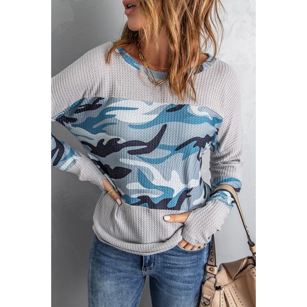 Gray Camo Print Splicing Waffle Knit Long Sleeve Top with Thumb Hole