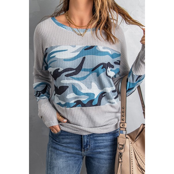 Gray Camo Print Splicing Waffle Knit Long Sleeve Top with Thumb Hole