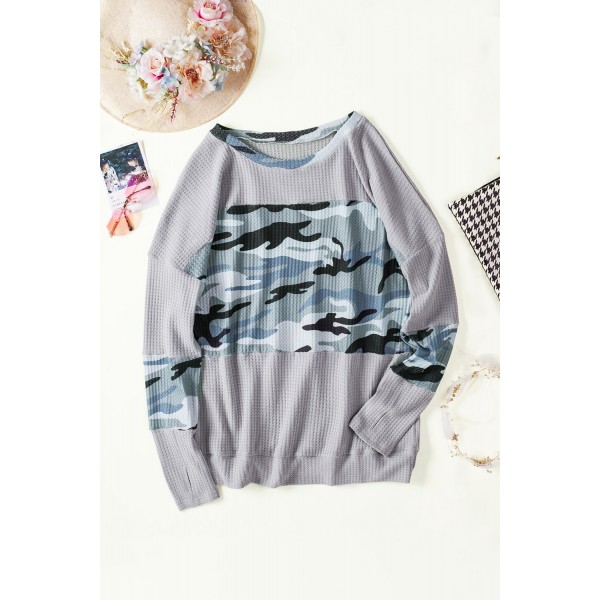 Gray Camo Print Splicing Waffle Knit Long Sleeve Top with Thumb Hole