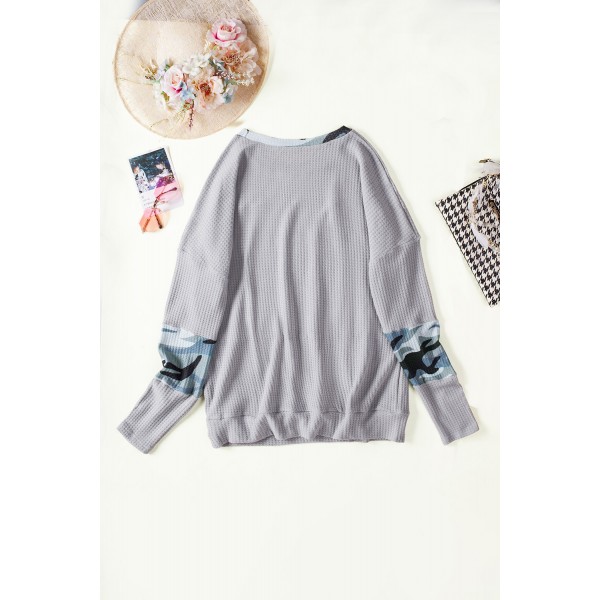 Gray Camo Print Splicing Waffle Knit Long Sleeve Top with Thumb Hole