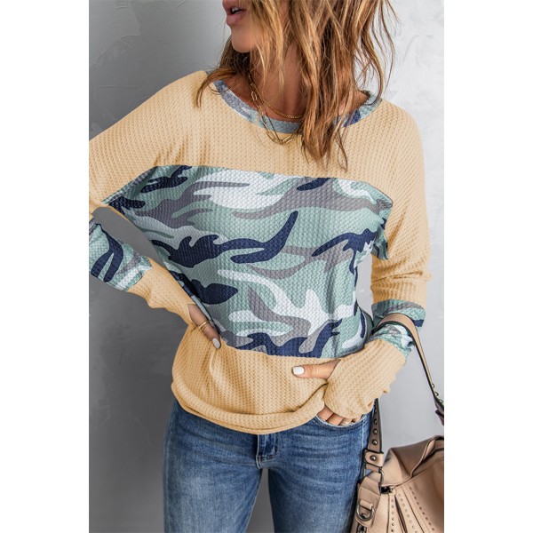 Camo Print Splicing Waffle Knit Long Sleeve Top with Thumb Hole