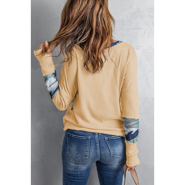 Camo Print Splicing Waffle Knit Long Sleeve Top with Thumb Hole