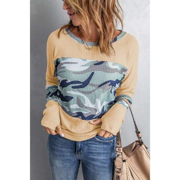 Camo Print Splicing Waffle Knit Long Sleeve Top with Thumb Hole