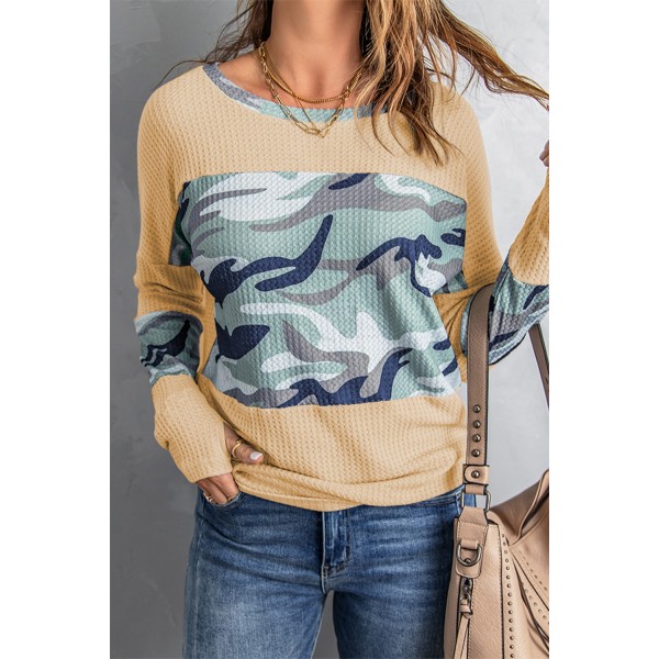 Camo Print Splicing Waffle Knit Long Sleeve Top with Thumb Hole