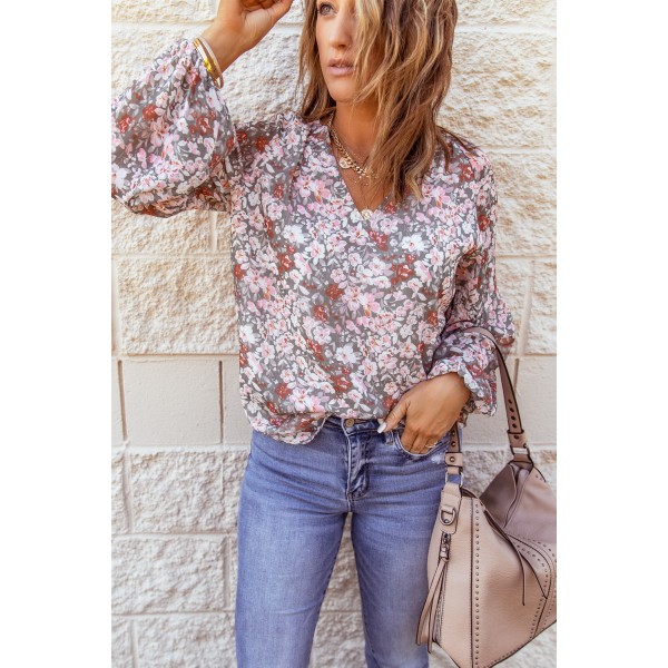 Multicolor Floral Print V Neck Long Puff Sleeve Top