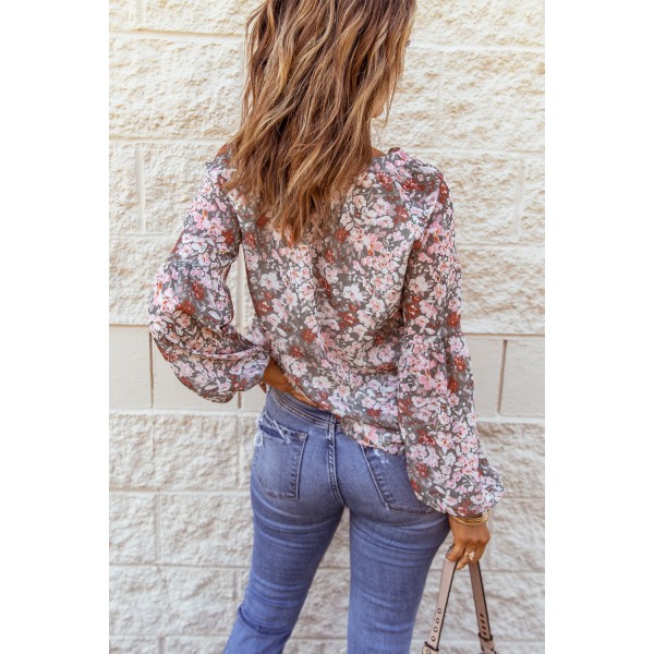 Multicolor Floral Print V Neck Long Puff Sleeve Top