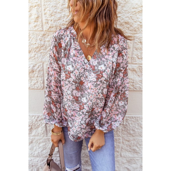 Multicolor Floral Print V Neck Long Puff Sleeve Top