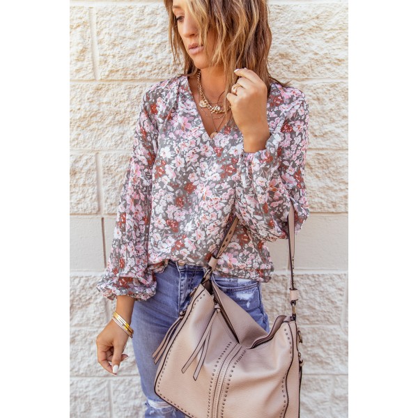 Multicolor Floral Print V Neck Long Puff Sleeve Top