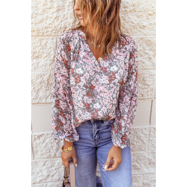 Multicolor Floral Print V Neck Long Puff Sleeve Top