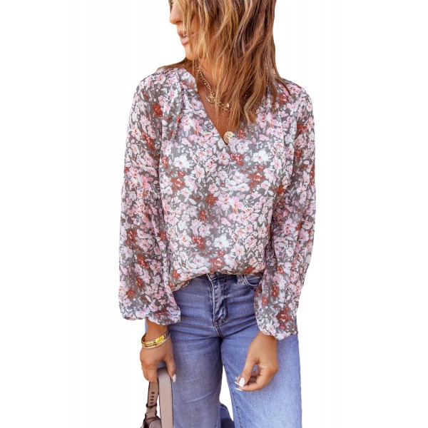 Multicolor Floral Print V Neck Long Puff Sleeve Top