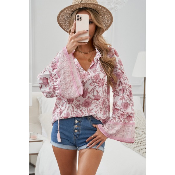 Floral Print V Neck Drawstring Flared Sleeve Top