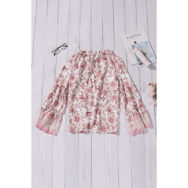 Floral Print V Neck Drawstring Flared Sleeve Top