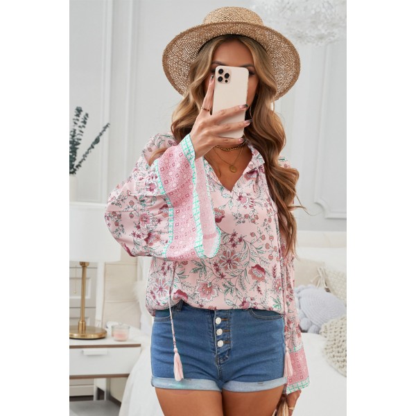 Pink Floral Print V Neck Drawstring Flared Sleeve Top