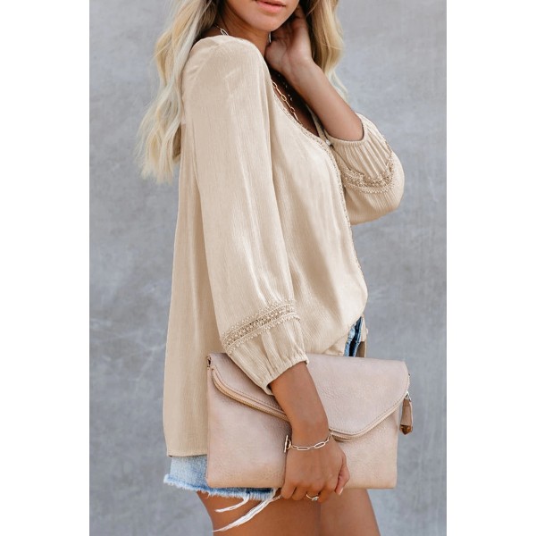 Apricot Solid V Neck Lace Decor Buttons Shirt