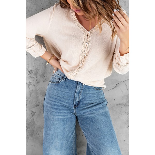 Apricot Solid V Neck Lace Decor Buttons Shirt