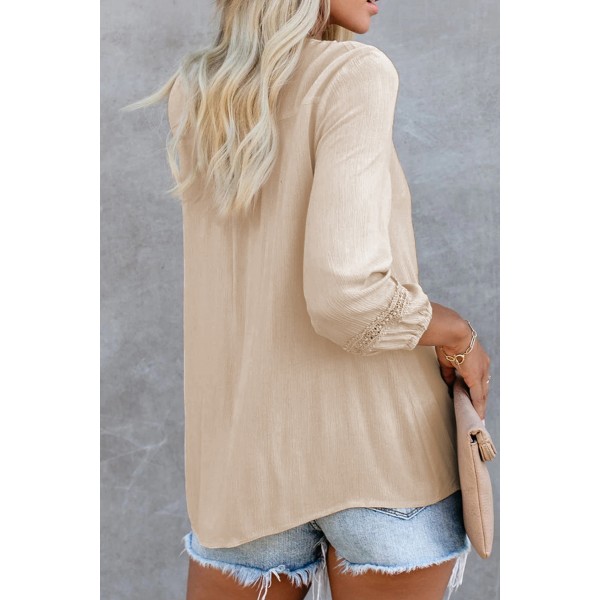 Apricot Solid V Neck Lace Decor Buttons Shirt