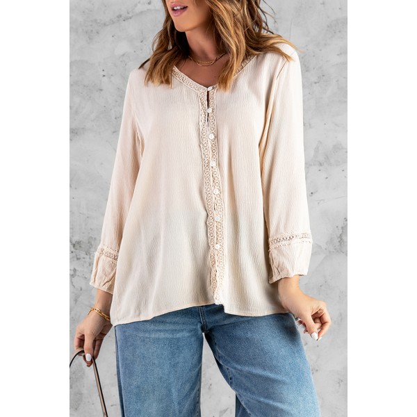 Apricot Solid V Neck Lace Decor Buttons Shirt