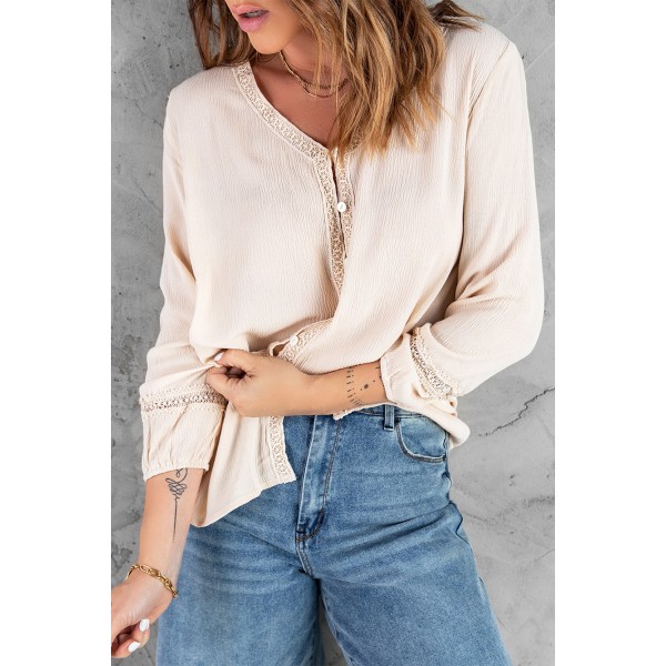 Apricot Solid V Neck Lace Decor Buttons Shirt