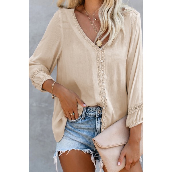Apricot Solid V Neck Lace Decor Buttons Shirt