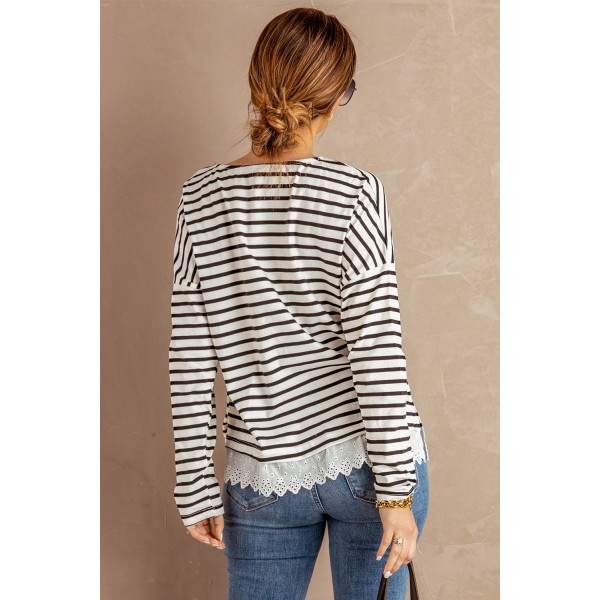 Striped Long Sleeve Top with Lace Trim