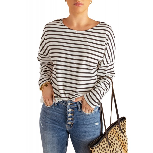 Striped Long Sleeve Top with Lace Trim